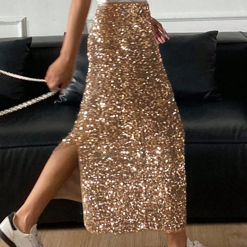 Khaki Party Women's Sequin Slit Skirt